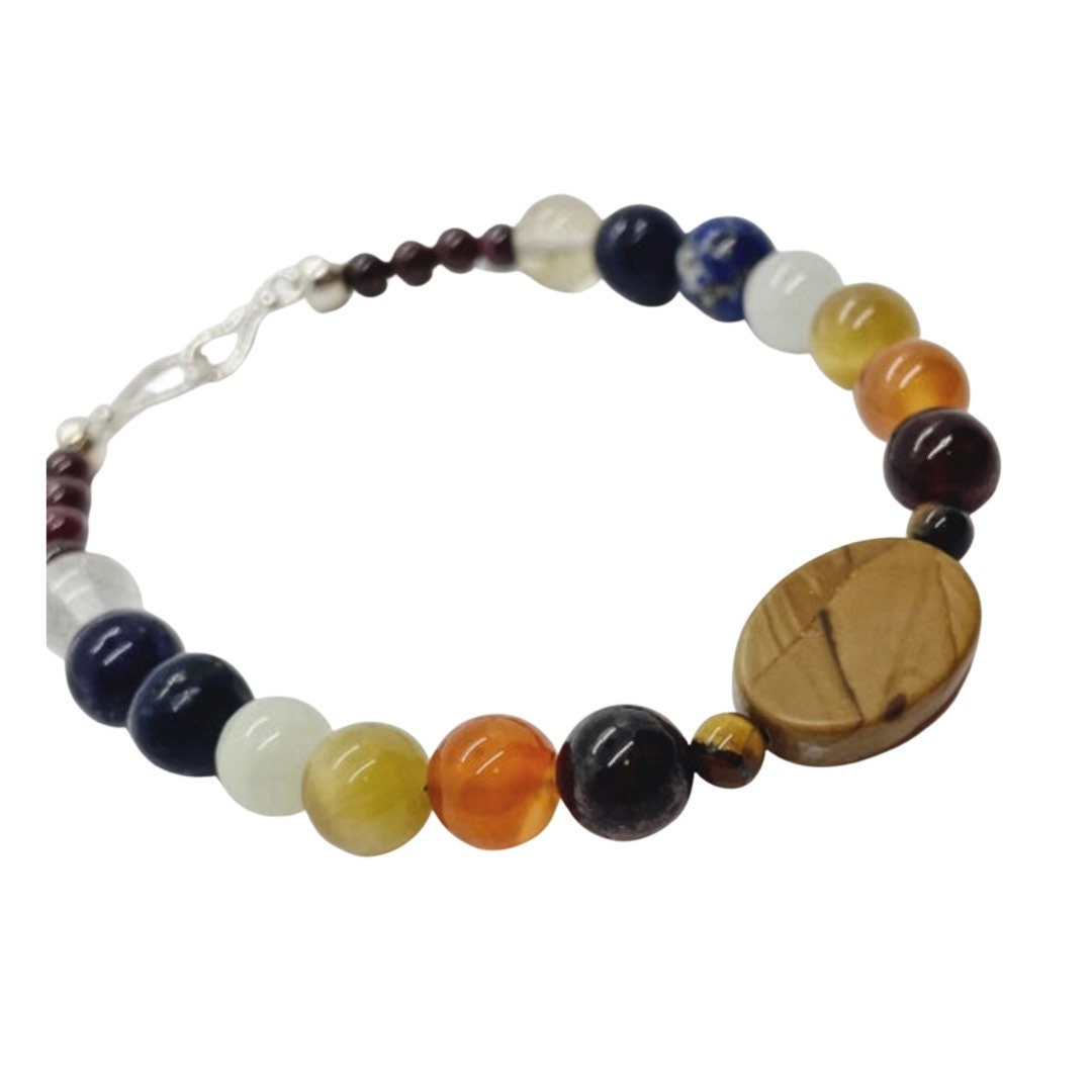 Crystal Bead Chakra Bracelet. Picture Jasper, Tiger’s Eye, Garnet, Carnelian, Yellow Tiger’s Eye, Cave Calcite, Lapis, Charoite, Tourmaline