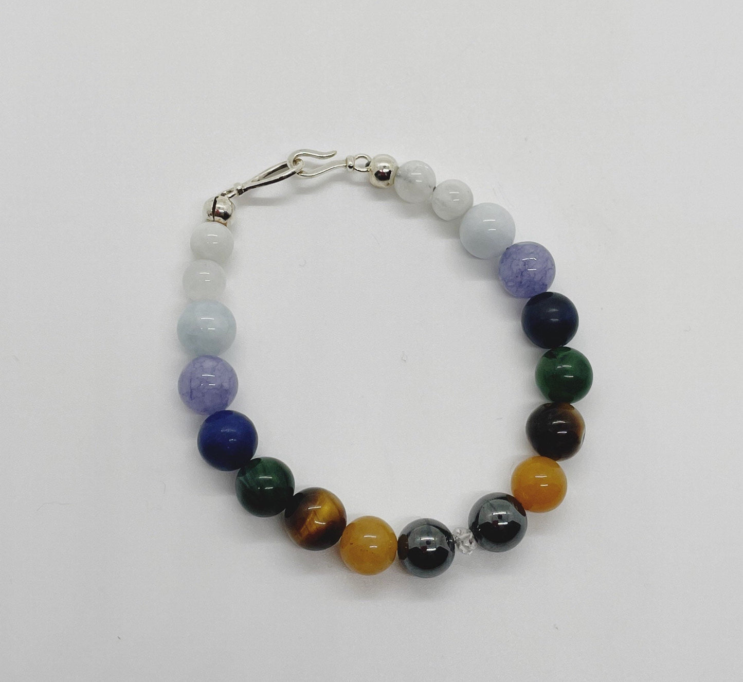 Crystal Beaded Chakra Gemstone Bracelet. Hematite, Serpentine, Moonstone, Tiger’s Eye, Verdite, Sodalite, Tanzanite, Aquamarine, Herkimer