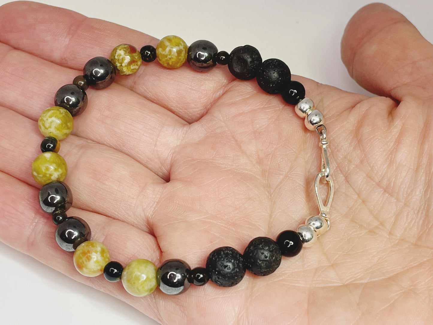 Jade, Hematite, Lava beads, Tiger Iron, and Gold Obsidian Breathbeads Bracelet with Sterling Silver