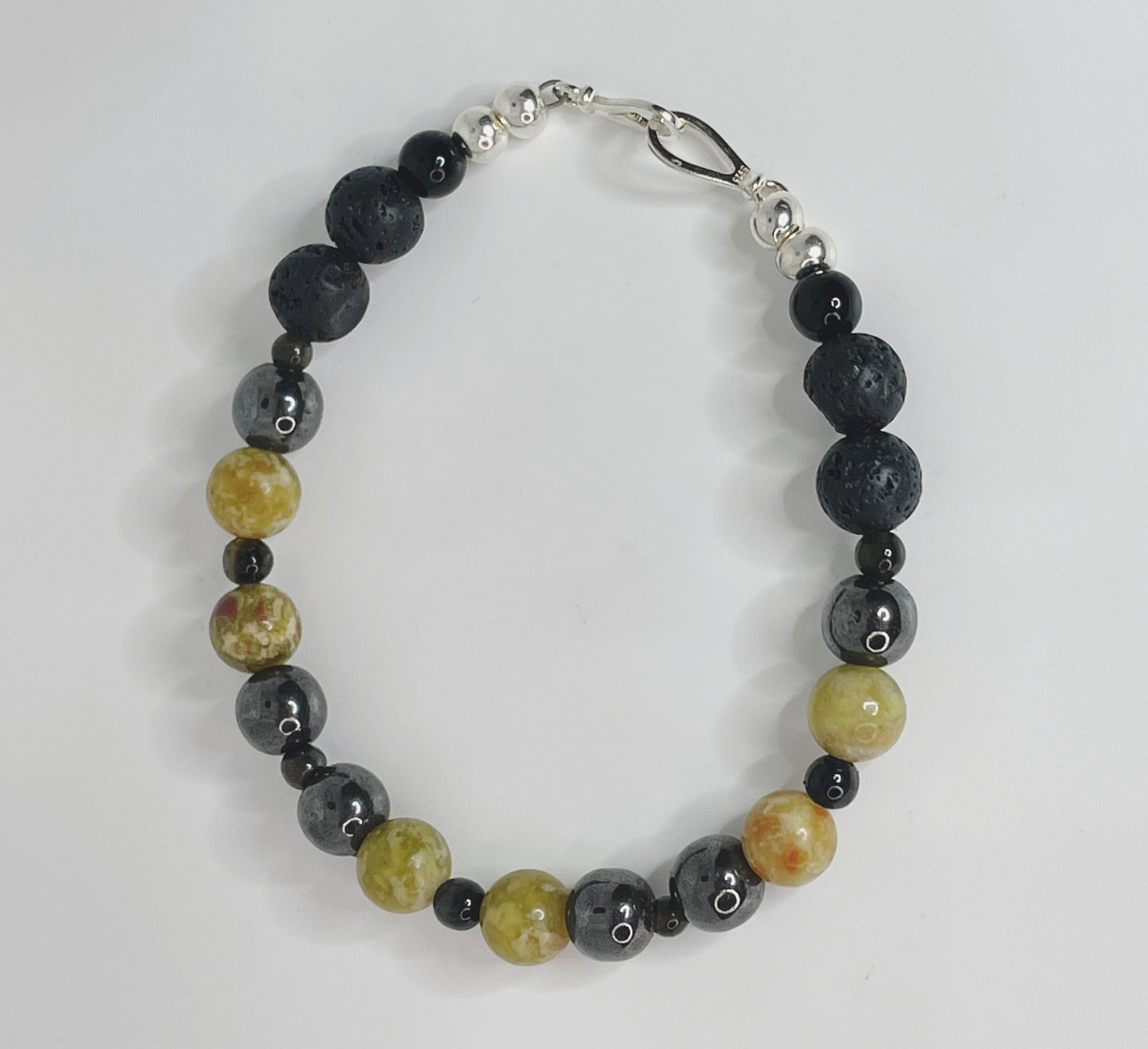 Jade, Hematite, Lava beads, Tiger Iron, and Gold Obsidian Breathbeads Bracelet with Sterling Silver