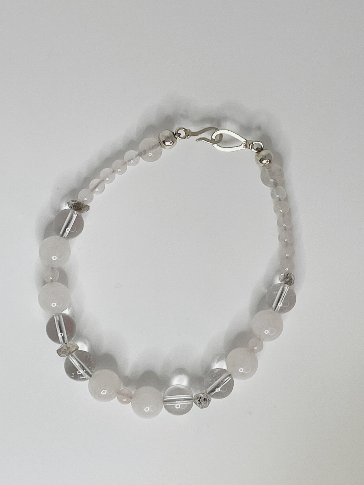 Rose Quartz, Quartz, and Herkimer Diamond Breathbead Bracelet with Sterling Silver Clasp