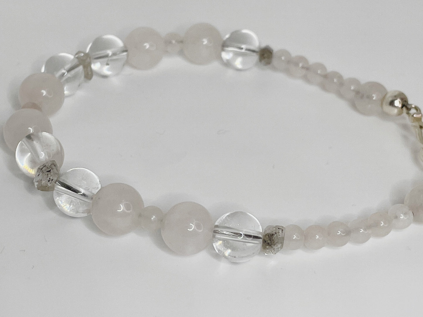 Rose Quartz, Quartz, and Herkimer Diamond Breathbead Bracelet with Sterling Silver Clasp