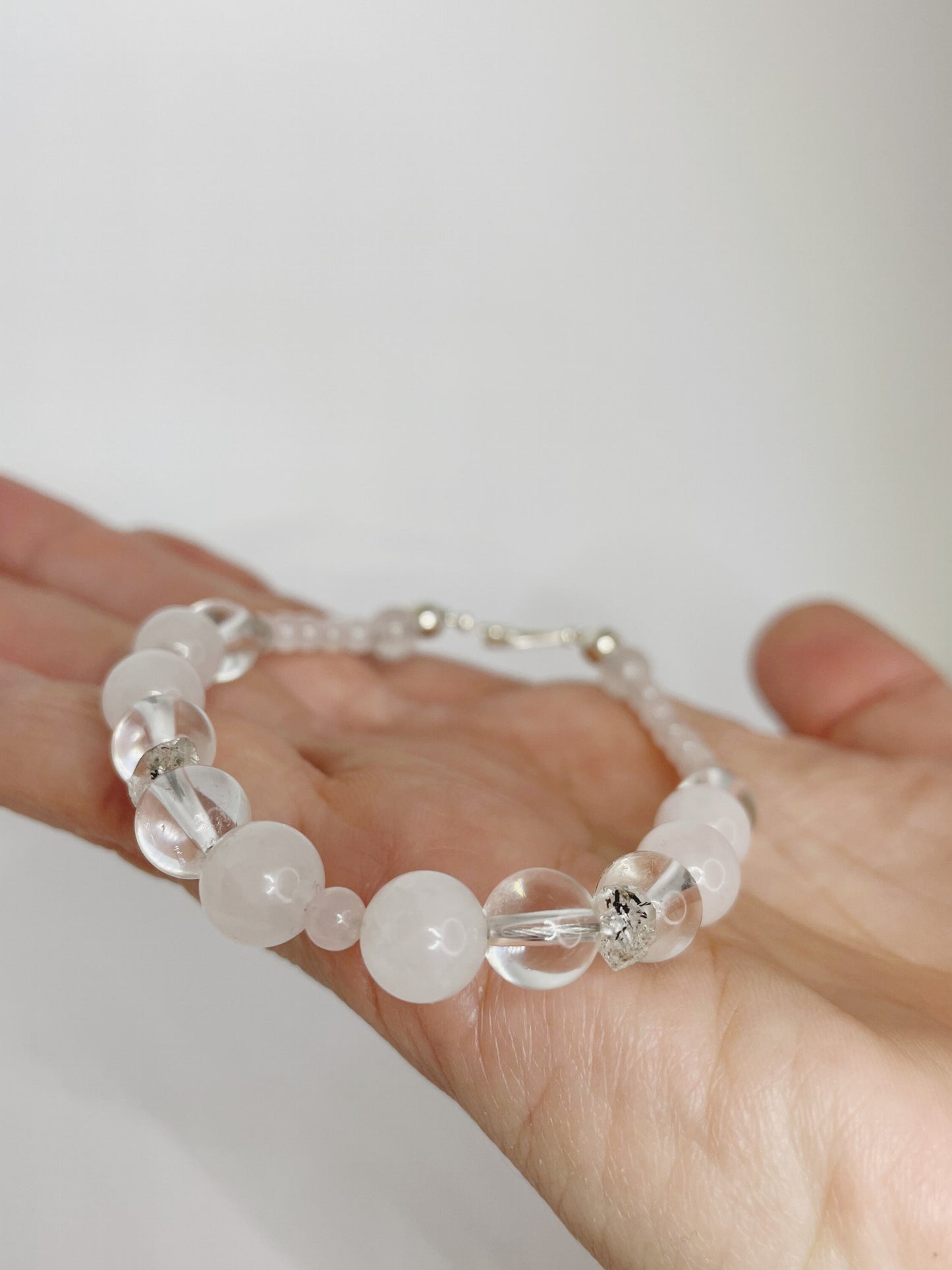 Rose Quartz, Quartz, and Herkimer Diamond Breathbead Bracelet with Sterling Silver Clasp