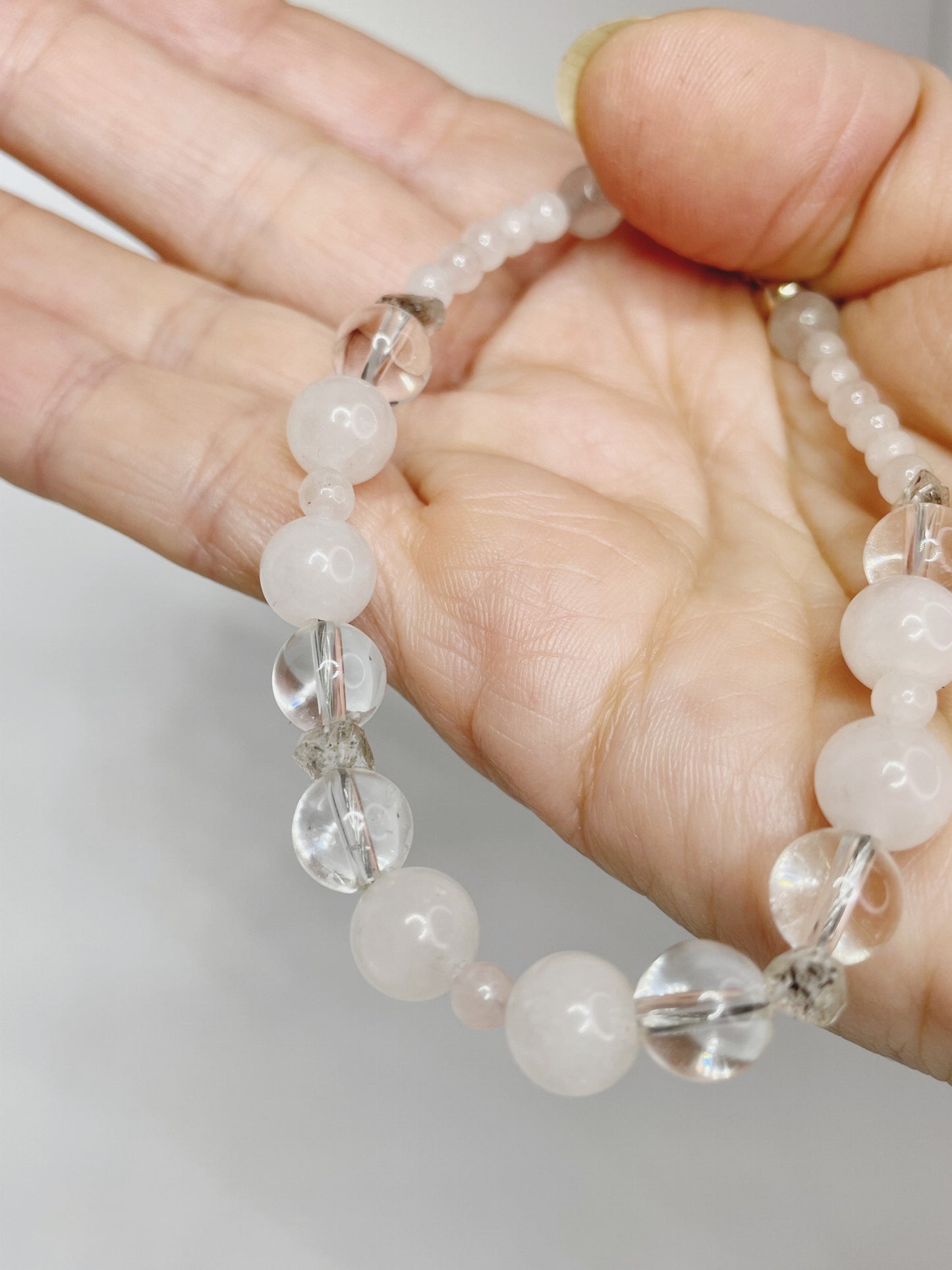 Rose Quartz, Quartz, and Herkimer Diamond Breathbead Bracelet with Sterling Silver Clasp