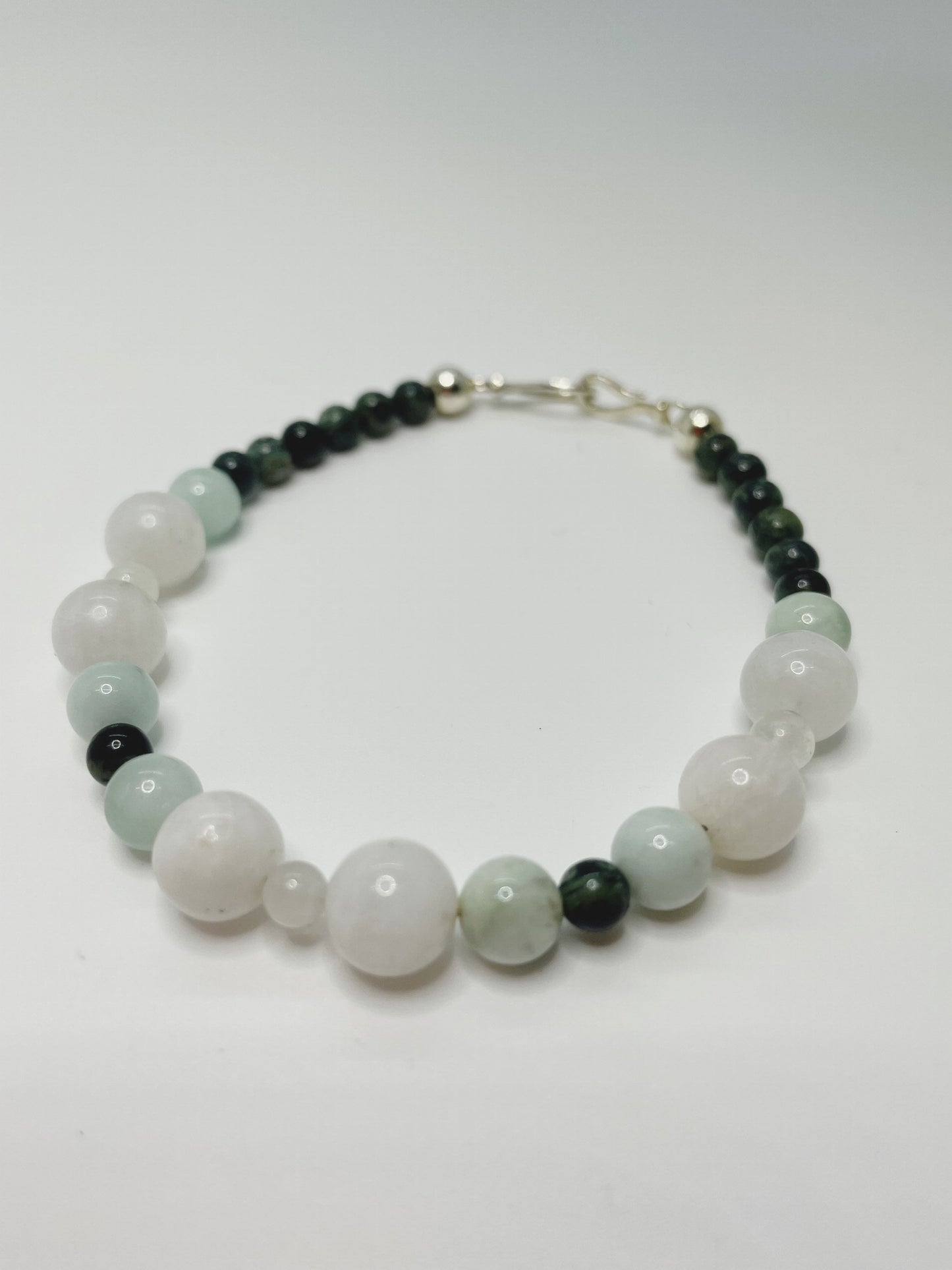 Moonstone, Kambaba Jasper, and Green Angelite Breathbeads Bracelet with Sterling Silver Clasp