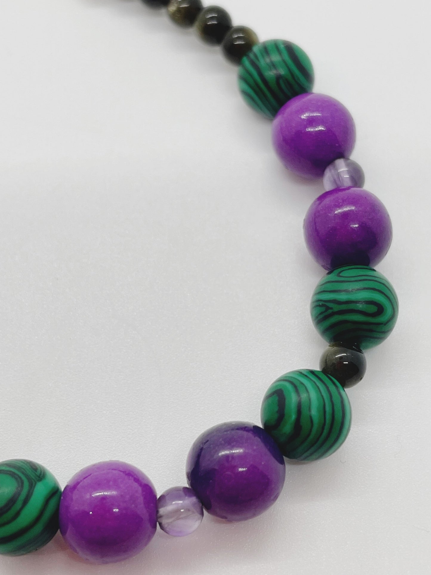 Malachite, Sugalite, Gold Obsidian, and Amethyst Breathbeads Bracelet with Sterling Silver Clasp