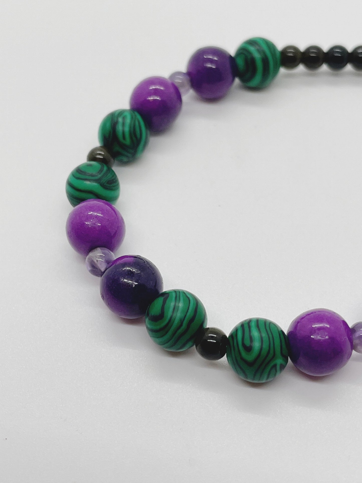 Malachite, Sugalite, Gold Obsidian, and Amethyst Breathbeads Bracelet with Sterling Silver Clasp