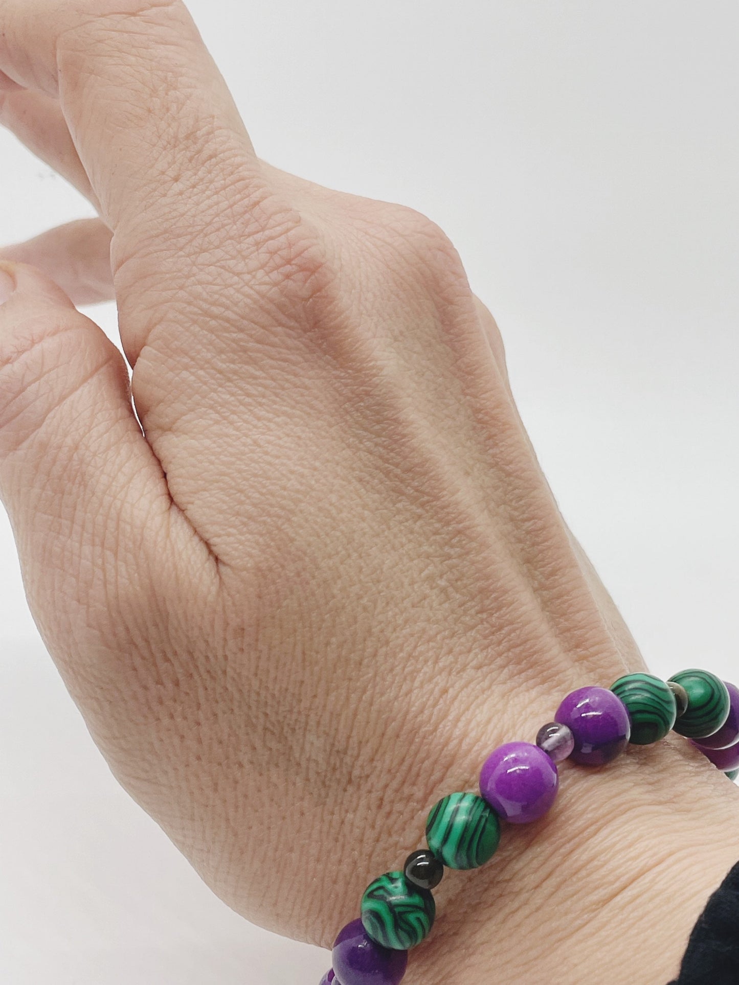 Malachite, Sugalite, Gold Obsidian, and Amethyst Breathbeads Bracelet with Sterling Silver Clasp