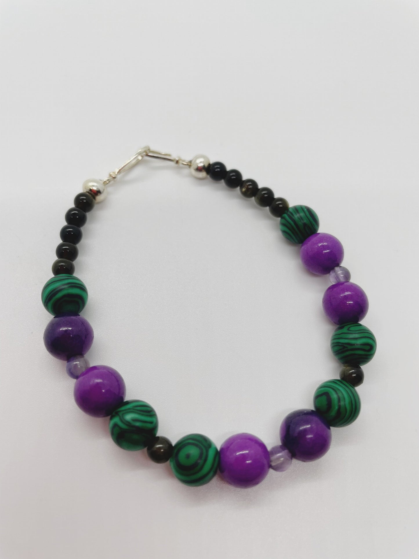 Malachite, Sugalite, Gold Obsidian, and Amethyst Breathbeads Bracelet with Sterling Silver Clasp