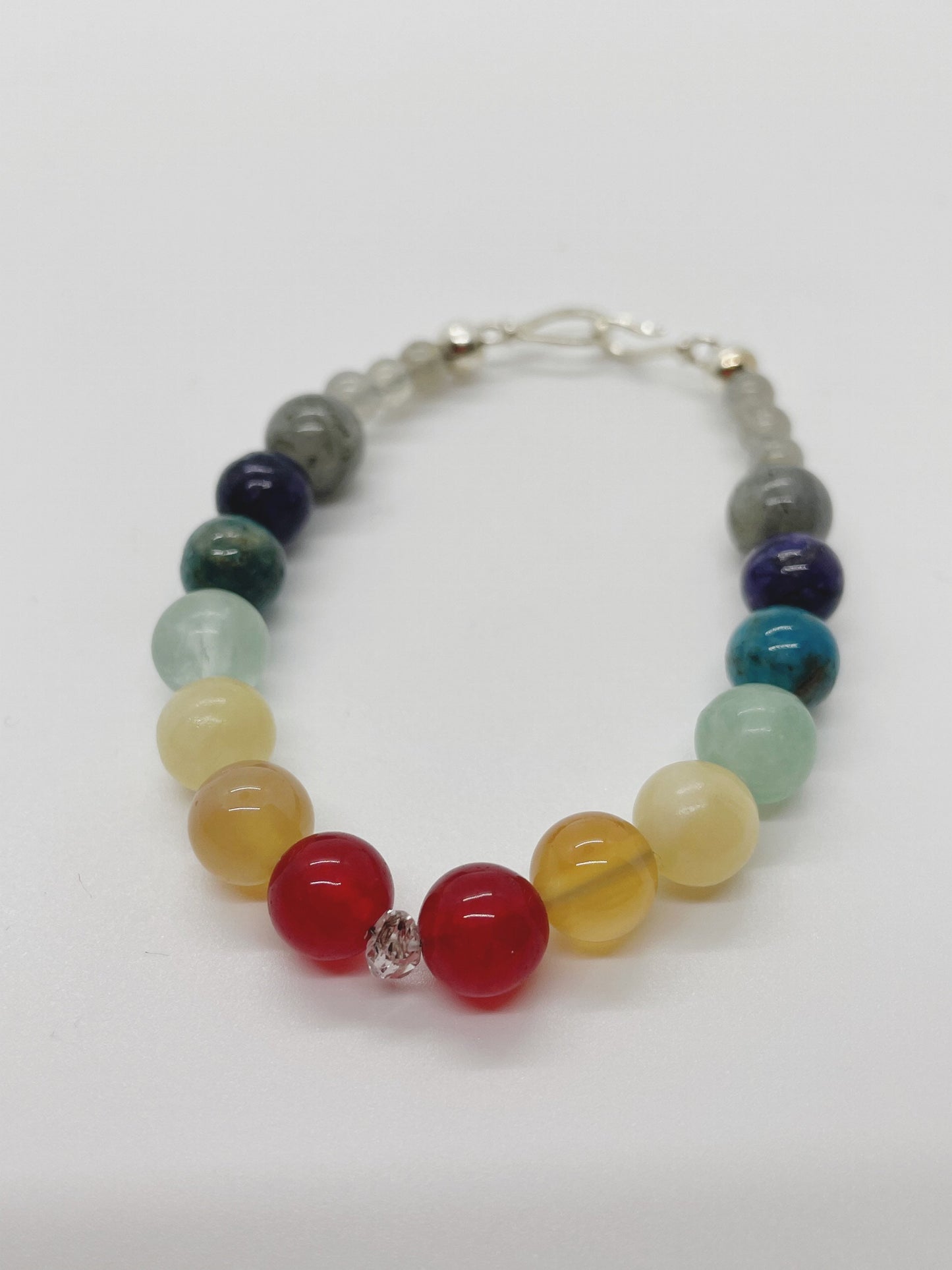 Healing Gemstone Chakra Bracelet. Herkimer Quartz, Red Agate, Carnelian, Yellow Jade, Fluorite, Apatite, Charoite, Labradorite