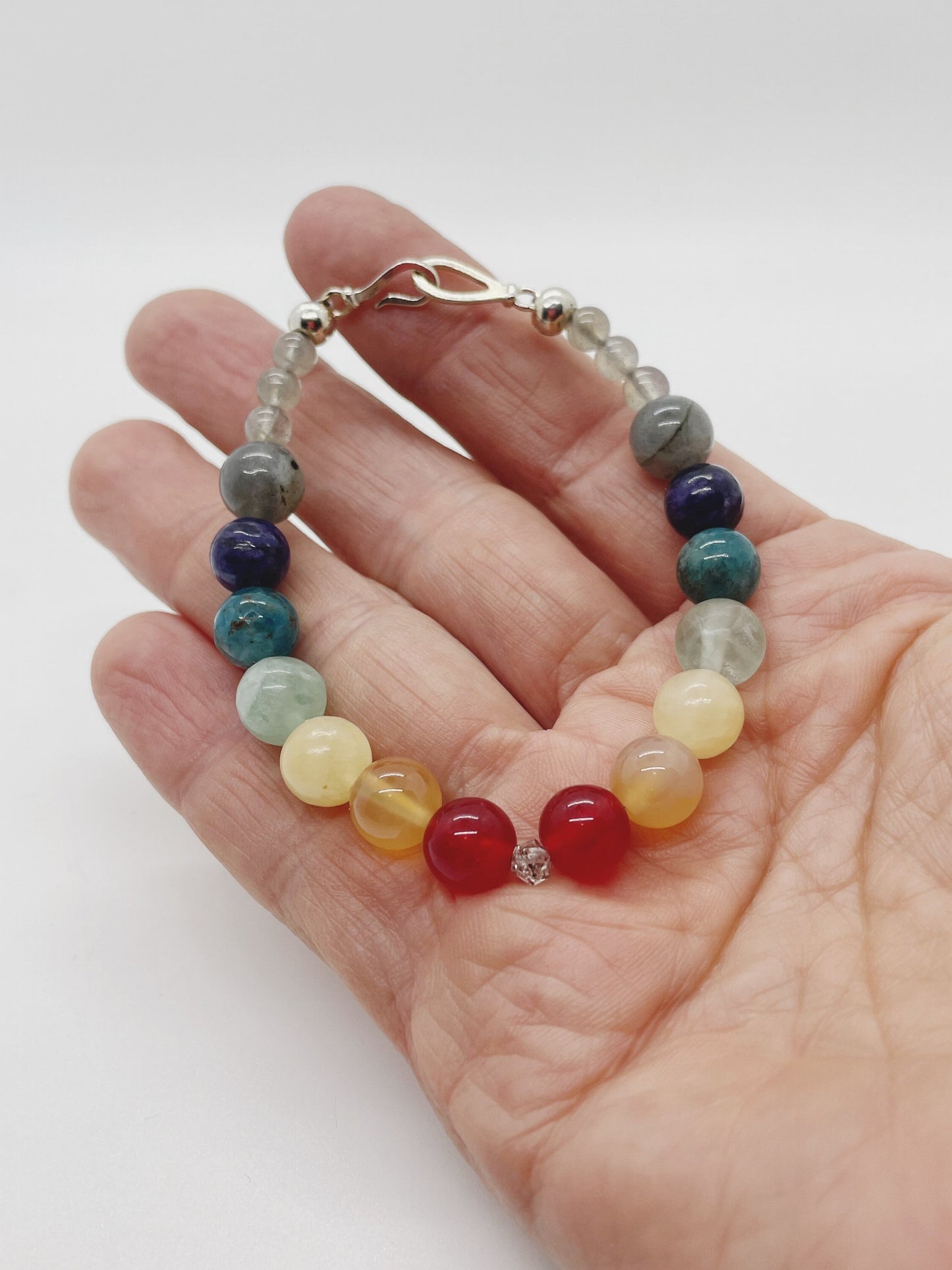 Healing Gemstone Chakra Bracelet. Herkimer Quartz, Red Agate, Carnelian, Yellow Jade, Fluorite, Apatite, Charoite, Labradorite