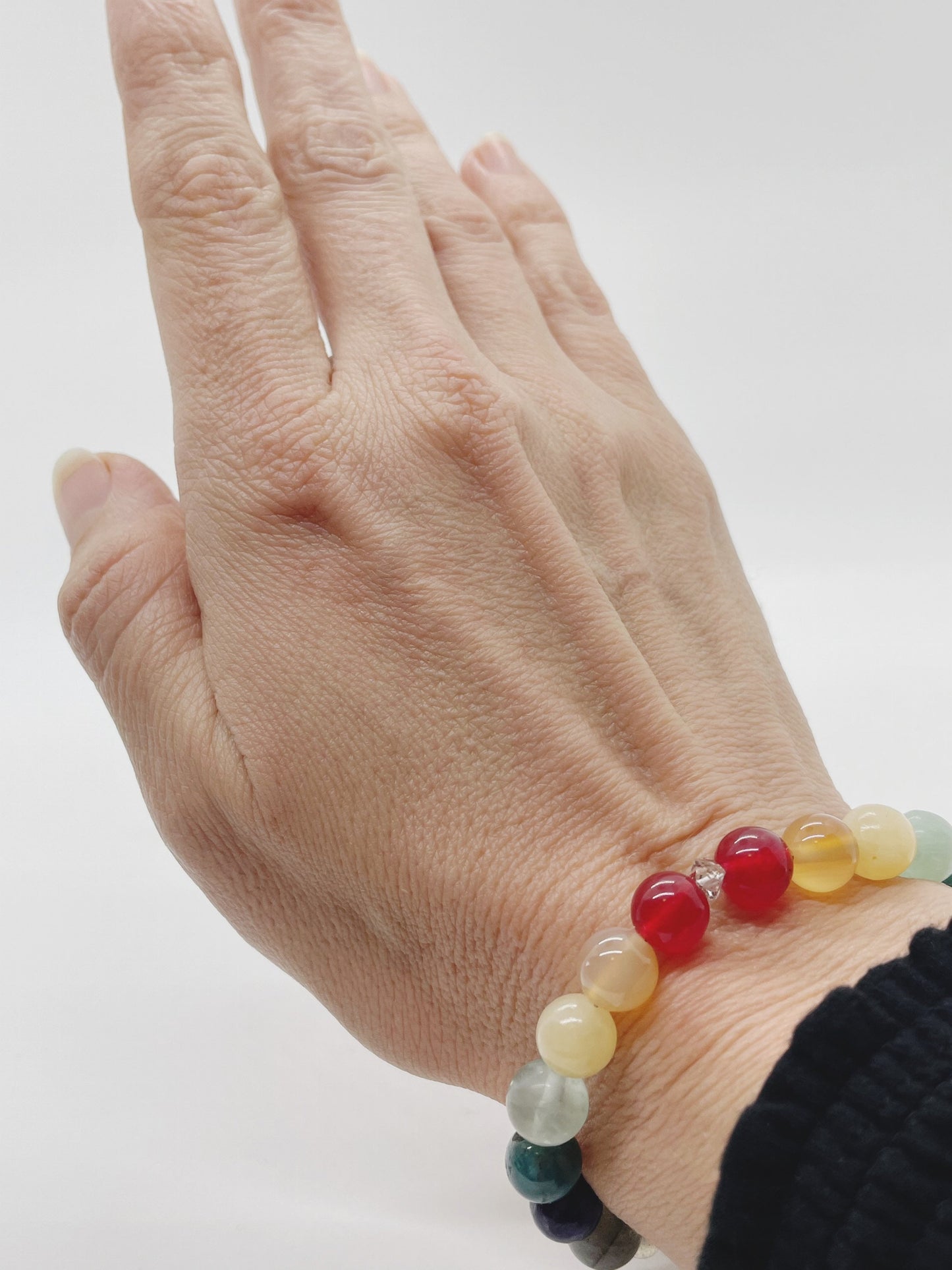 Healing Gemstone Chakra Bracelet. Herkimer Quartz, Red Agate, Carnelian, Yellow Jade, Fluorite, Apatite, Charoite, Labradorite