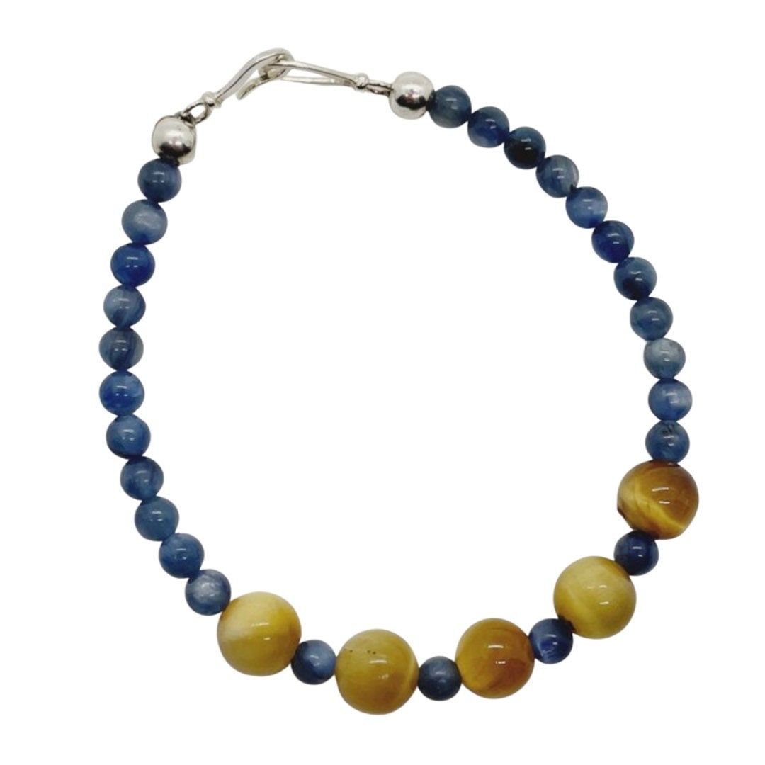 Crystal Beaded Gemstone Bracelet. Blue Kyanite, Yellow Tiger’s Eye and Sterling Silver