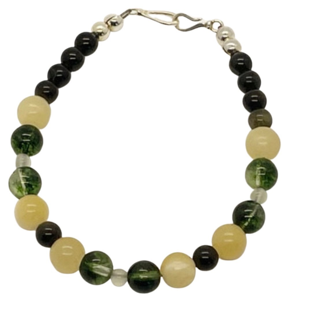 Life’s Purpose Crystal Gemstone Breathbeads Bracelet with Peridot, Yellow Jade, New Jade, and Gold Obsidian. Sterling Silver Clasp