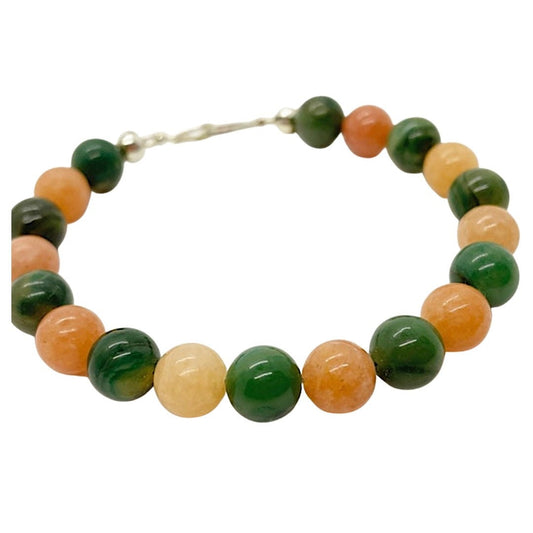 Pure Heart Crystal Gemstone Beaded Bracelet with Verdite and Peach Calcite. Sterling Silver Clasp. Green and peach colors.