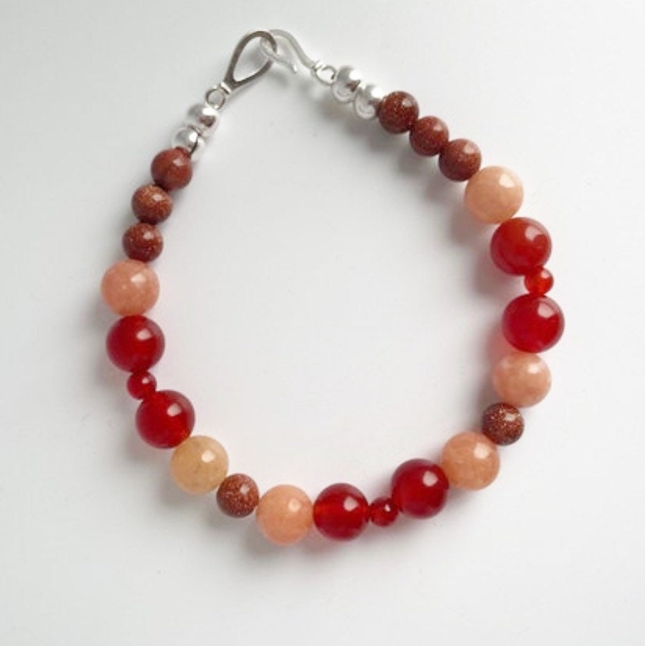 Carnelian, Peach Calcite and Goldstone Gemstone Crystal Breathbeads Bracelet with Sterling Silver