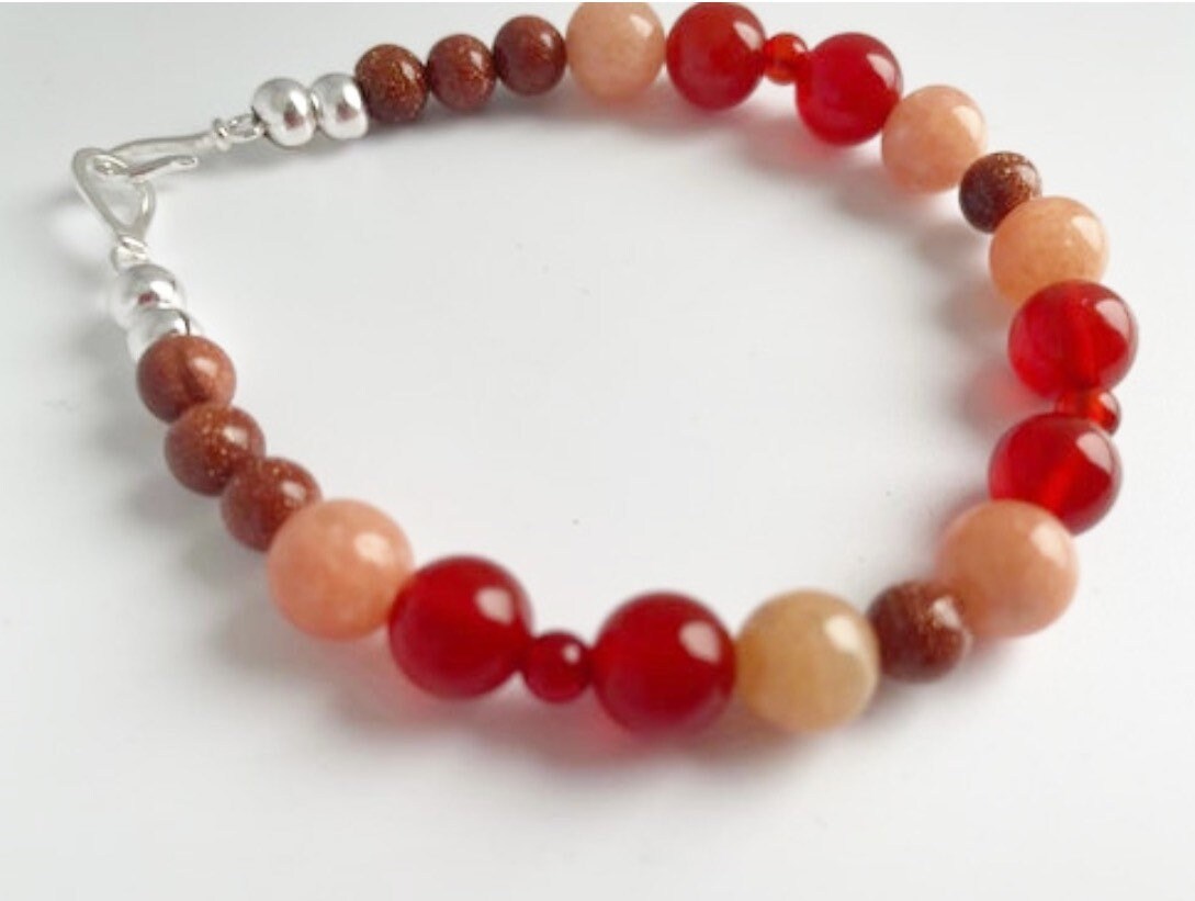 Carnelian, Peach Calcite and Goldstone Gemstone Crystal Breathbeads Bracelet with Sterling Silver