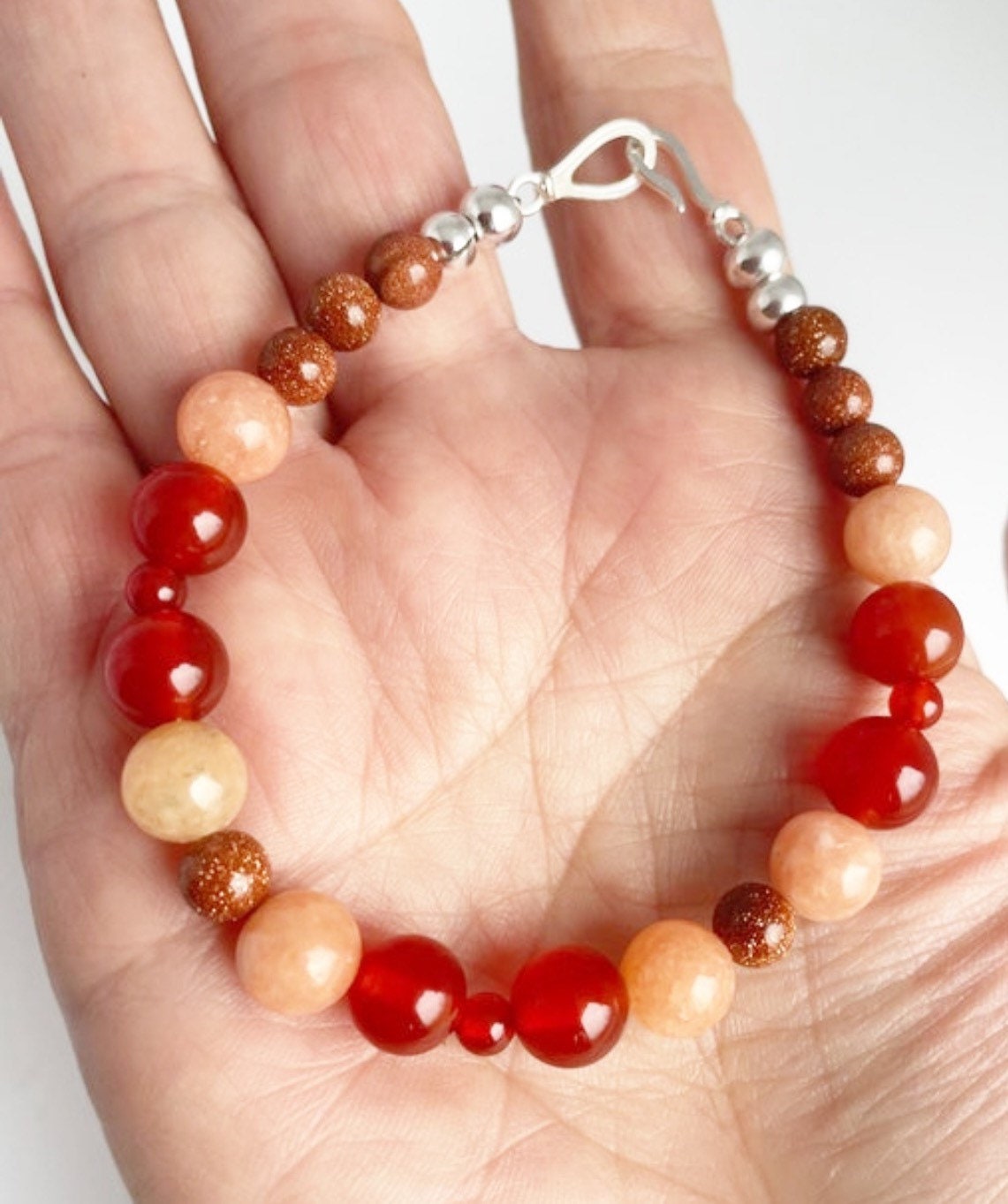 Carnelian, Peach Calcite and Goldstone Gemstone Crystal Breathbeads Bracelet with Sterling Silver