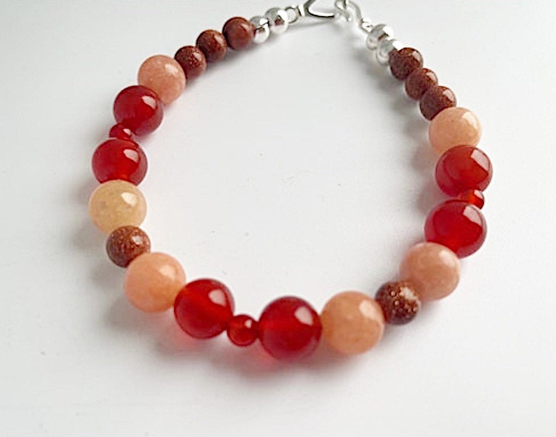 Carnelian, Peach Calcite and Goldstone Gemstone Crystal Breathbeads Bracelet with Sterling Silver