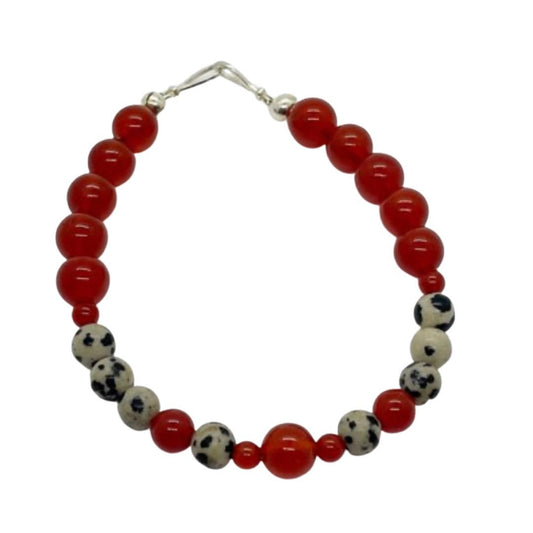 Crystal Gemstone Beaded Bracelet. Carnelian and Dalmatian Stone with Sterling Silver Clasp.  Red stones with dalmation spotted stones.