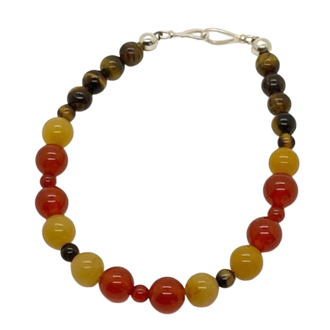 Crystal Breathbeads Gemstone Bracelet with Carnelian, Serpentine, Tigers Eye and Sterling Silver Clasp