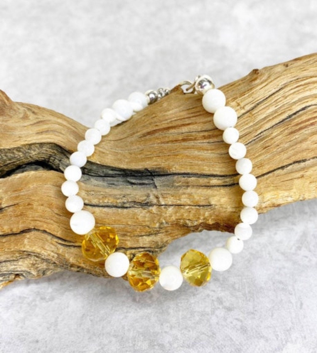 Joyous Prosperity Gemstone Bracelet. Faceted Citrine and Mother of Pearl Beaded Bracelet with Sterling Silver 