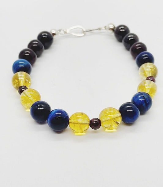 Blue Tigers Eye, Garnet, and Citrine Breathbeads Bracelet with Sterling Silver Clasp