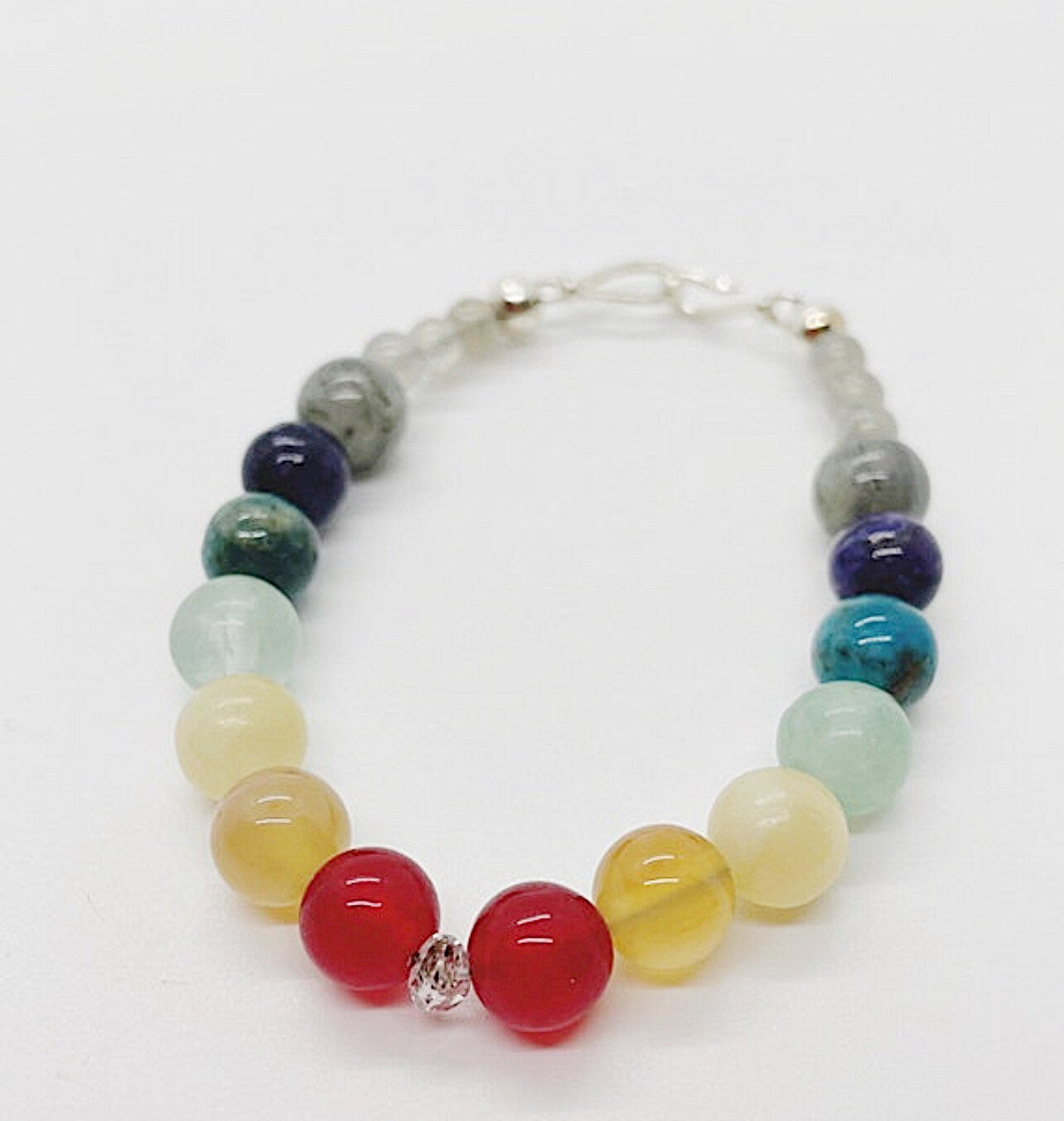 Healing Gemstone Chakra Bracelet. Herkimer Quartz, Red Agate, Carnelian, Yellow Jade, Fluorite, Apatite, Charoite, Labradorite