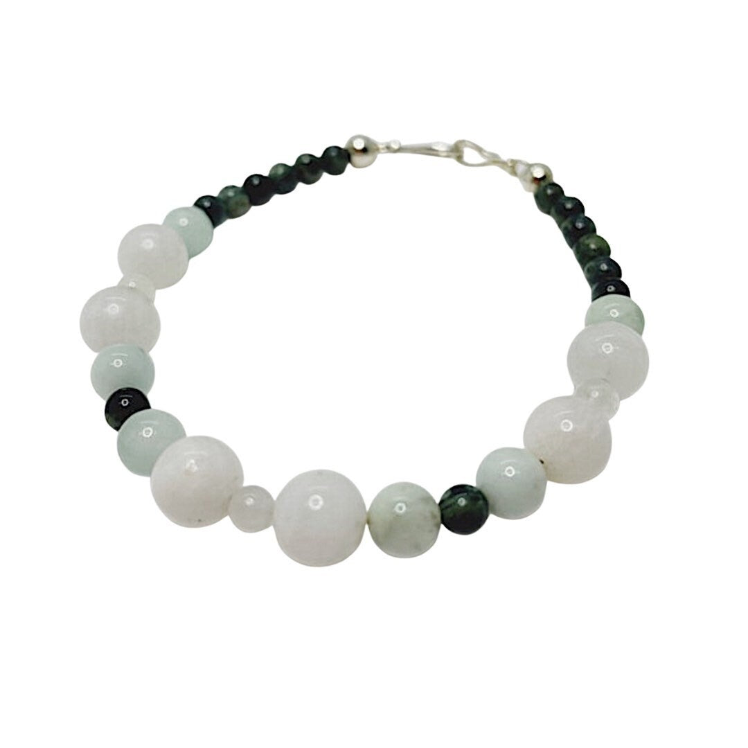 Moonstone, Kambaba Jasper, and Green Angelite Breathbeads Bracelet with Sterling Silver Clasp.  Beads are black, white and gray.