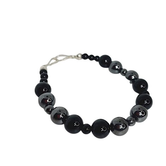 Hematite and Black Onyx Breathbeads Bracelet with Sterling Silver Clasp