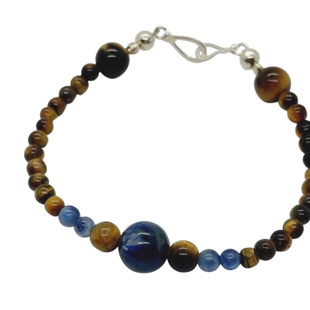 Crystal Gemstone Beaded Bracelet. Blue Kyanite, Tiger's Eye and Sterling Silver.  Shades of brown and blue.