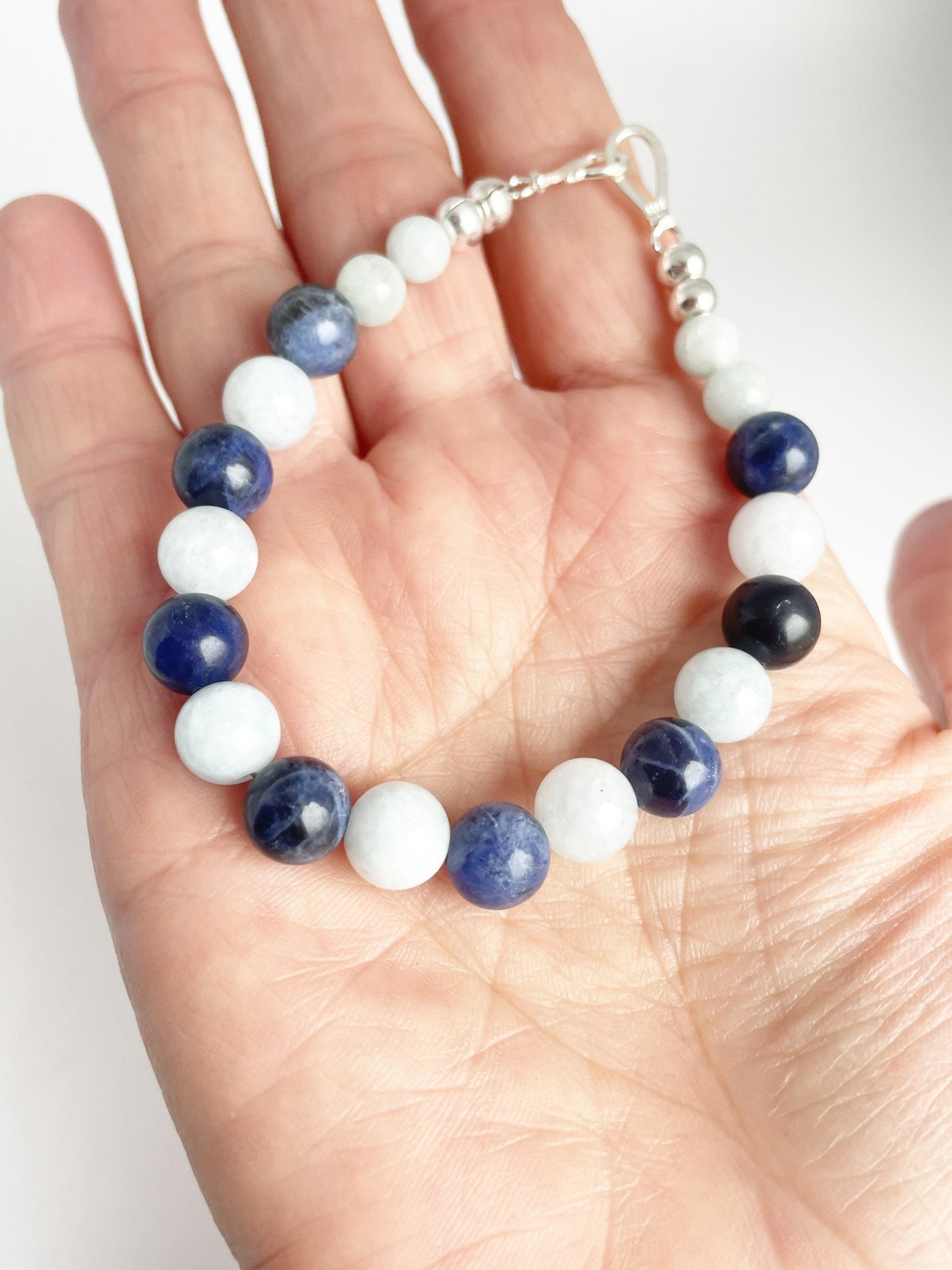 Sodalite and Aquamarine Gemstone Bracelet with Sterling Silver Clasp