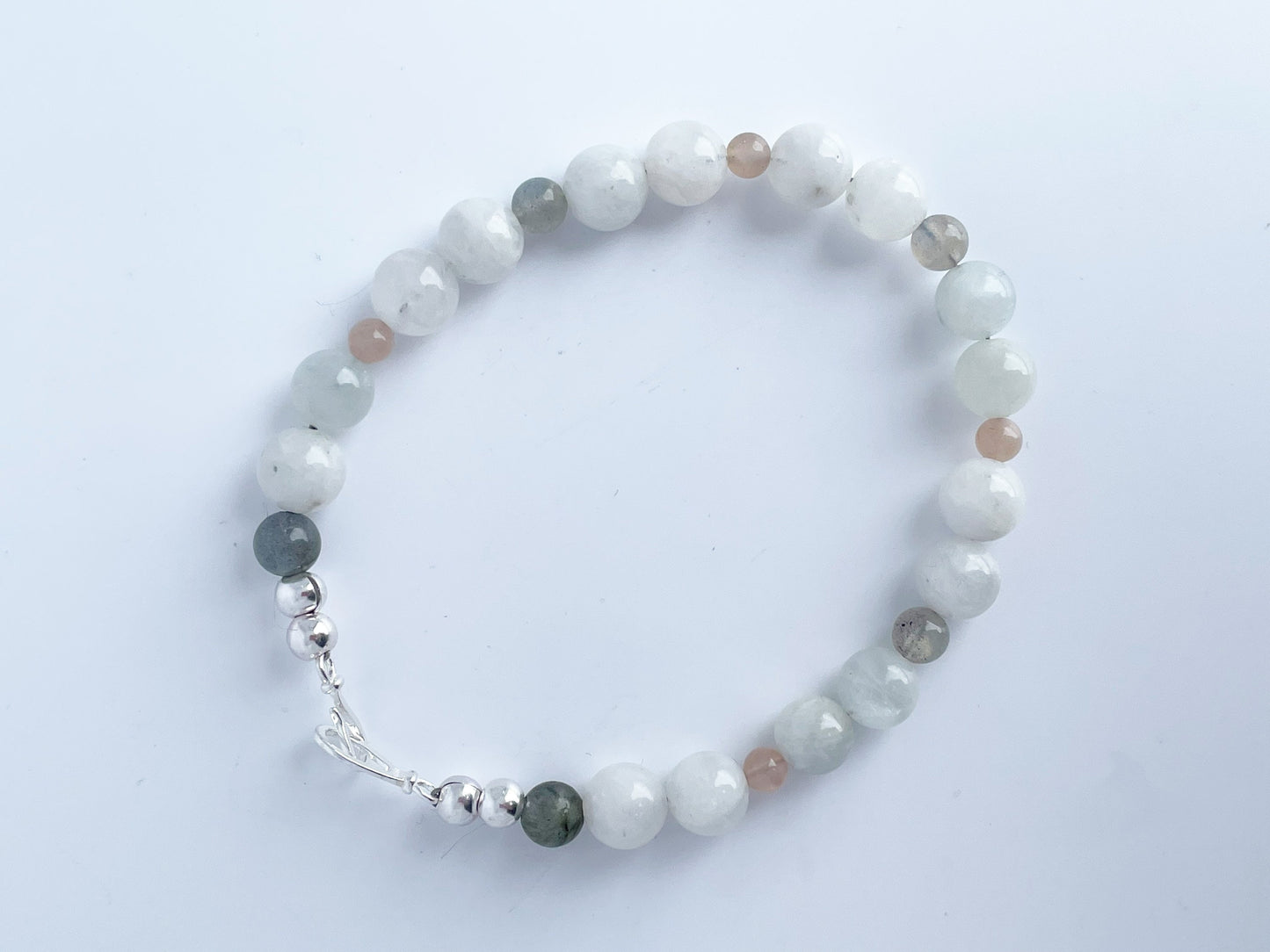 Moonstone, Labradorite and Pink Moonstone Breathbead Bracelet with Sterling Silver Clasp