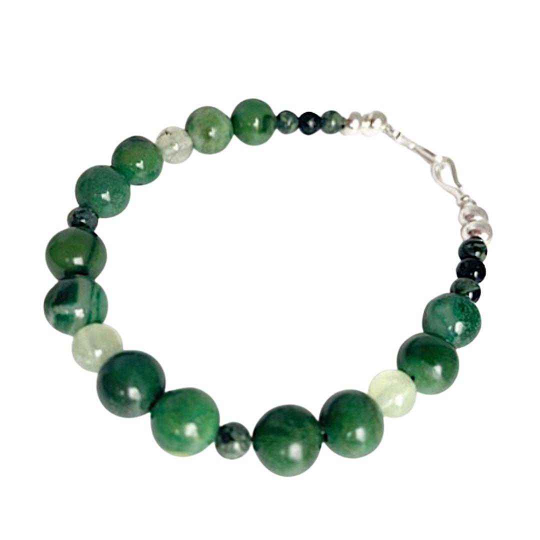 Verdite, Prehnite, and Kambaba Jasper Breathbeads Bracelet with Sterling Silver Clasp