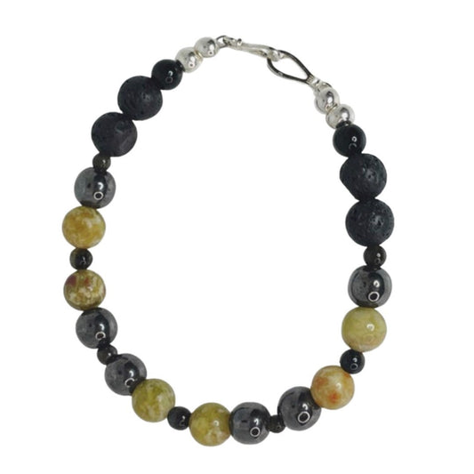 Jade, Hematite, Lava beads, Tiger Iron, and Gold Obsidian Breathbeads Bracelet with Sterling Silver