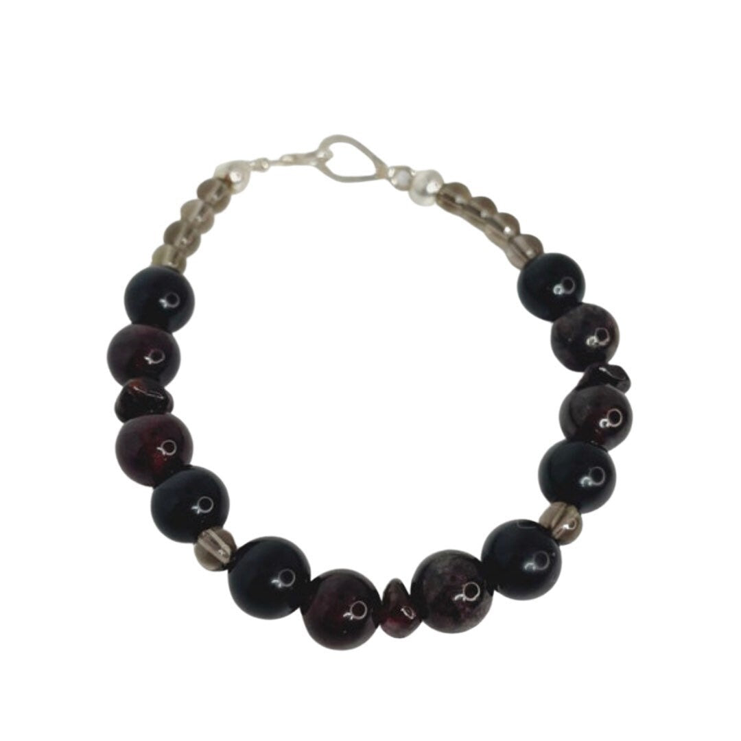 Garnet, Onyx, Smokey Quartz Breathbeads Bracelet with Sterling Silver