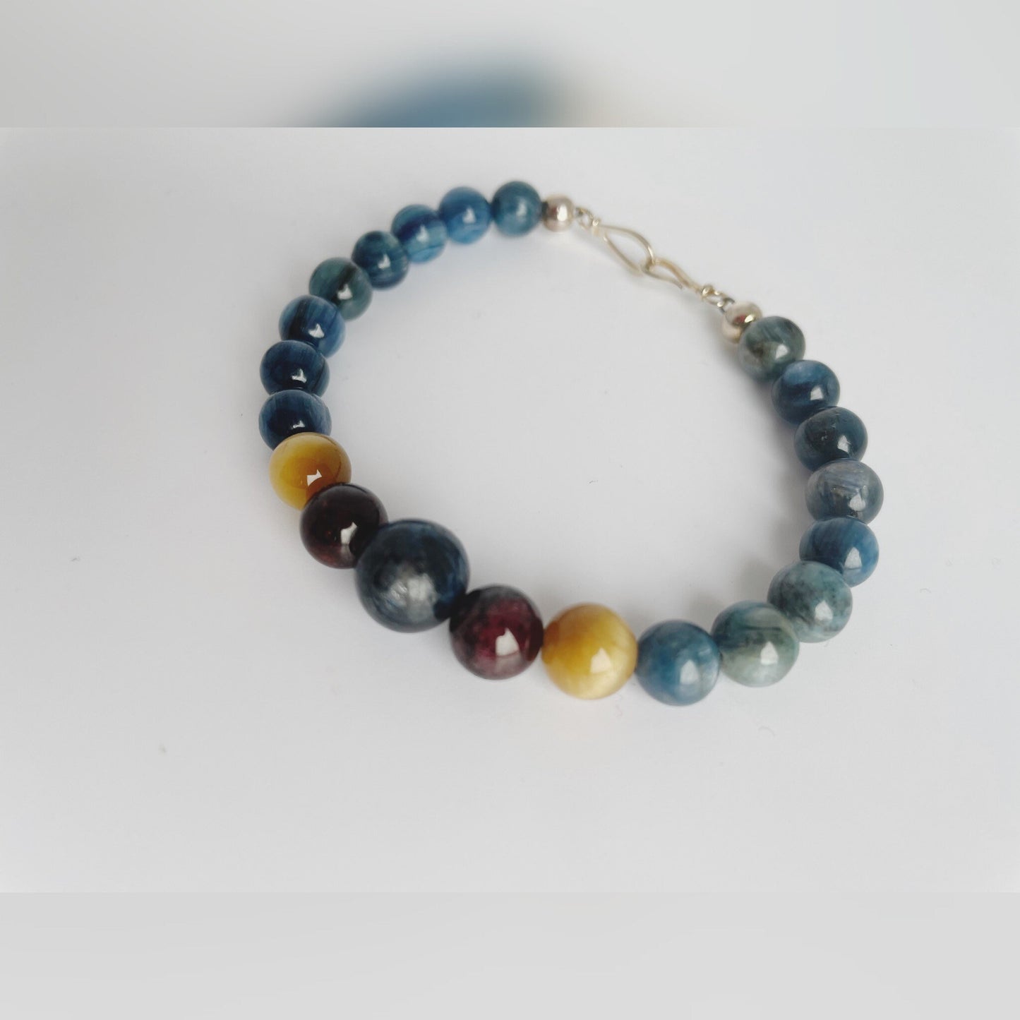 Blue Kyanite, Yellow Tigers Eye and Garnet Gemstone Bracelet with Sterling Silver Clasp