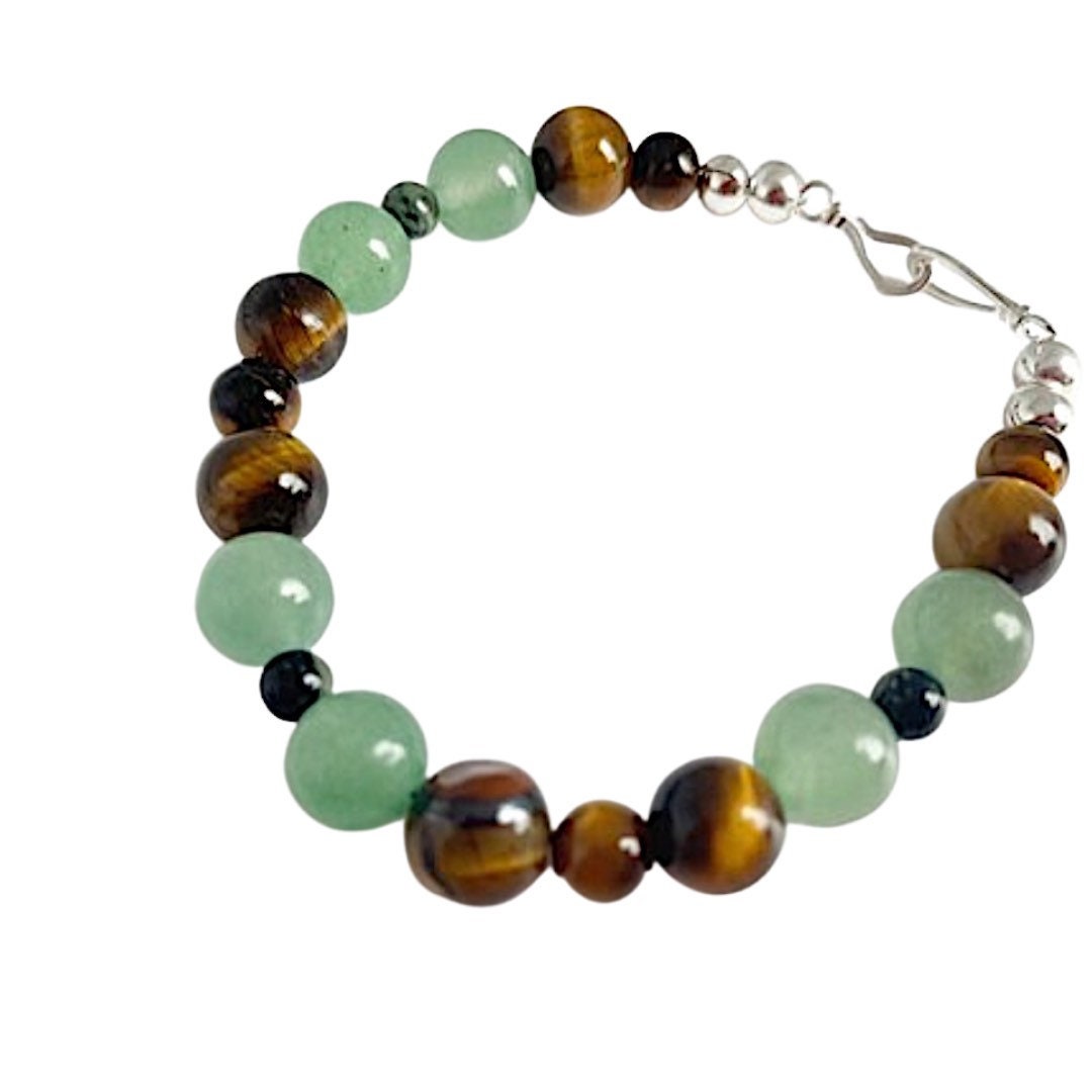 Tigers eye, Green Aventurine, and Kambaba Jasper Breathbeads Bracelet with Sterling Silver Clasp