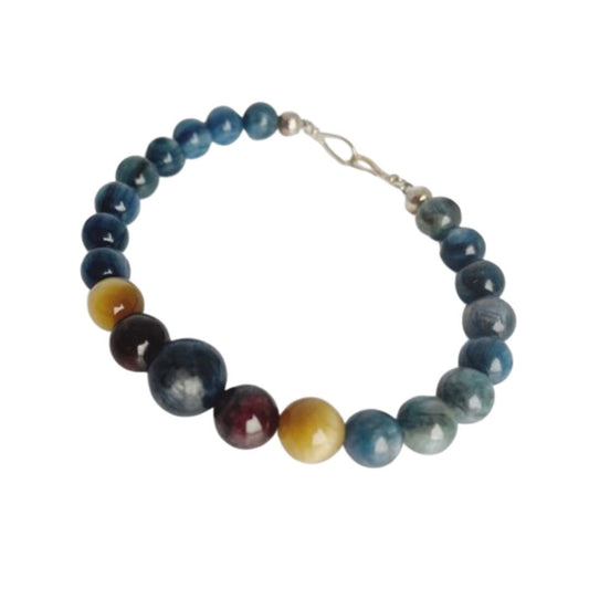 Blue Kyanite, Yellow Tigers Eye and Garnet Gemstone Bracelet with Sterling Silver Clasp