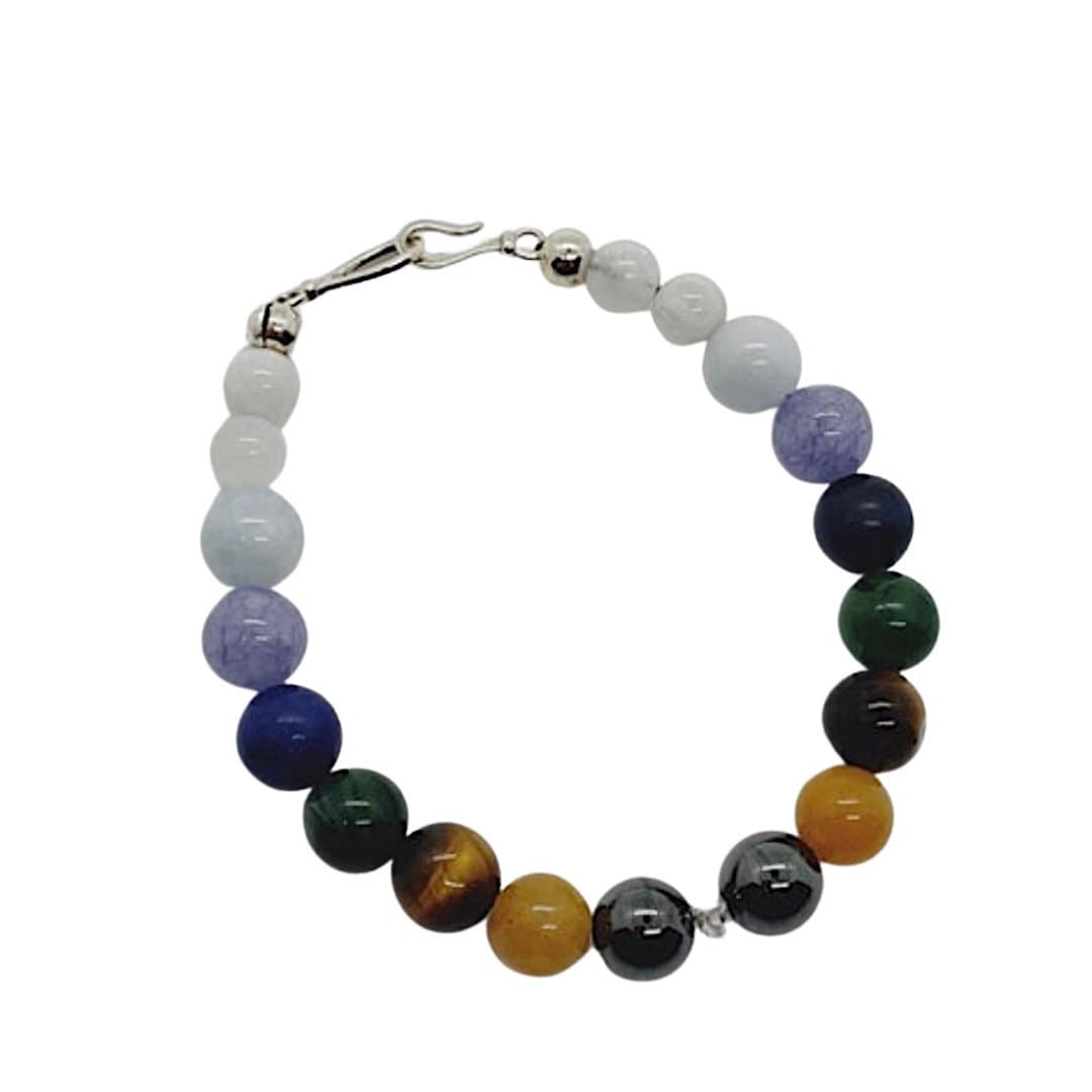 Crystal Beaded Chakra Gemstone Bracelet. Hematite, Serpentine, Moonstone, Tiger’s Eye, Verdite, Sodalite, Tanzanite, Aquamarine, Herkimer