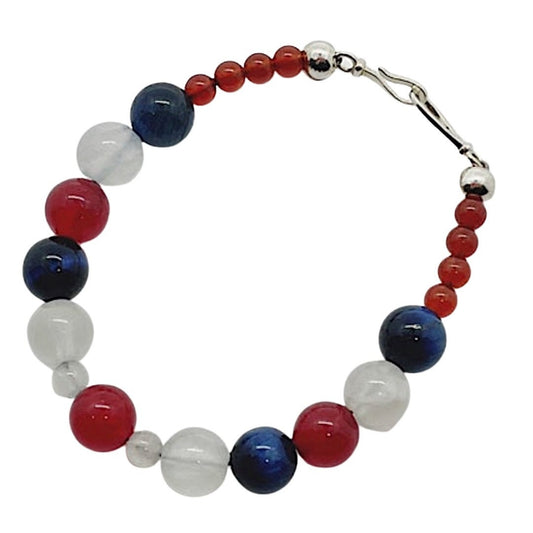 Crystal Beaded Gemstone Bracelet. Blue Tiger’s Eye, Red Agate, Selenite, Carnelian and Sterling Silver