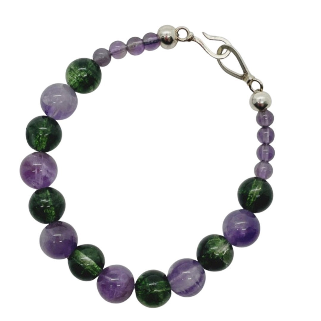 Crystal Gemstone Beaded Purple Bracelet. Amethyst, Peridot and Sterling Silver.  Purple and Green beads.