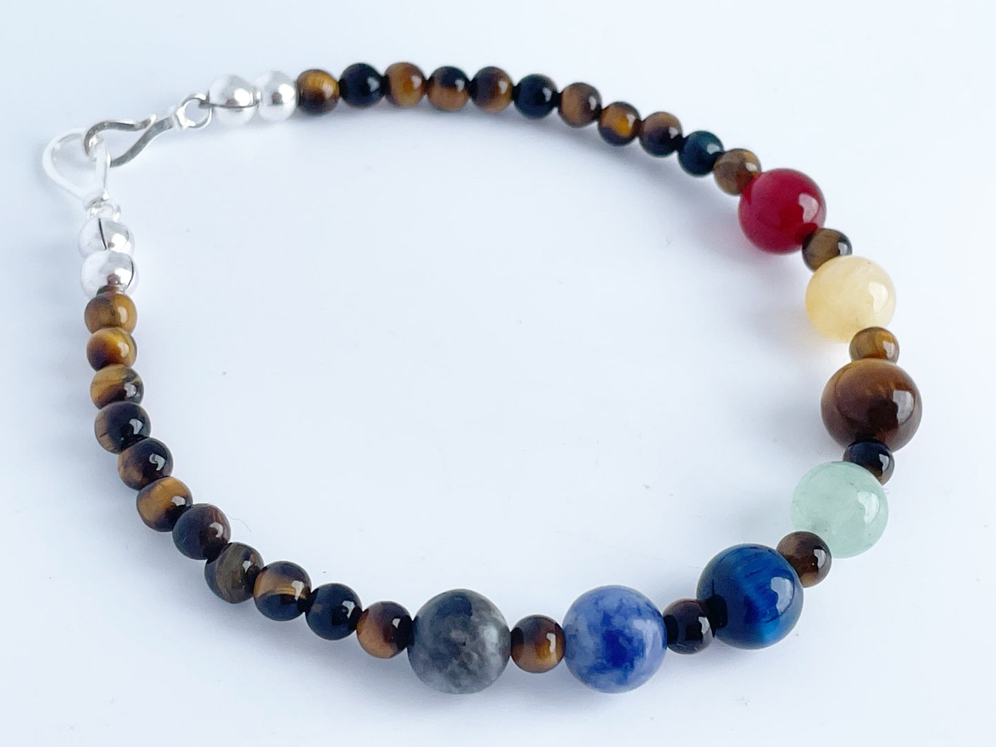 Chakra Gemstone Bracelet with Tigers Eye, Red & Green Aventurine, Yellow Jade, Blue Tigers Eye, Sodalite, Larvakite. Sterling Silver Clasp