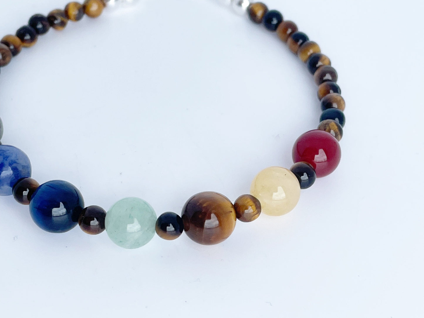 Chakra Gemstone Bracelet with Tigers Eye, Red & Green Aventurine, Yellow Jade, Blue Tigers Eye, Sodalite, Larvakite. Sterling Silver Clasp