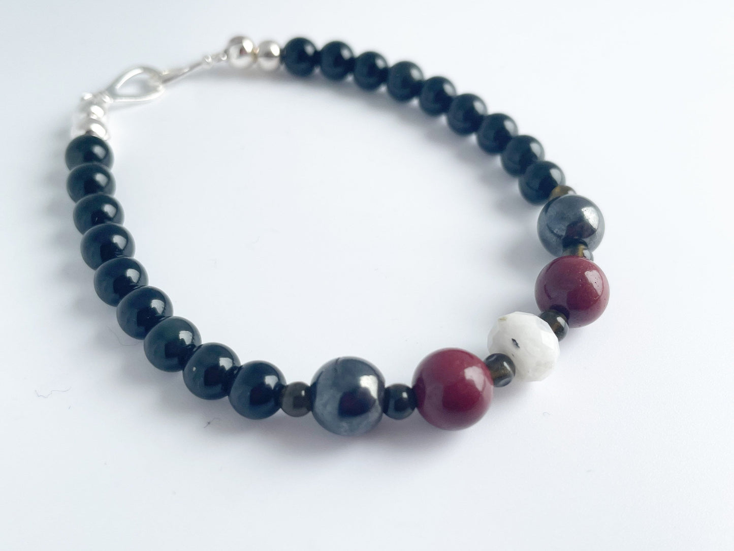 Gemstone Healing Bracelet with Sterling Silver Clasp. Faceted Moonstone, Gold Obsidian, Mookaite, Hematite