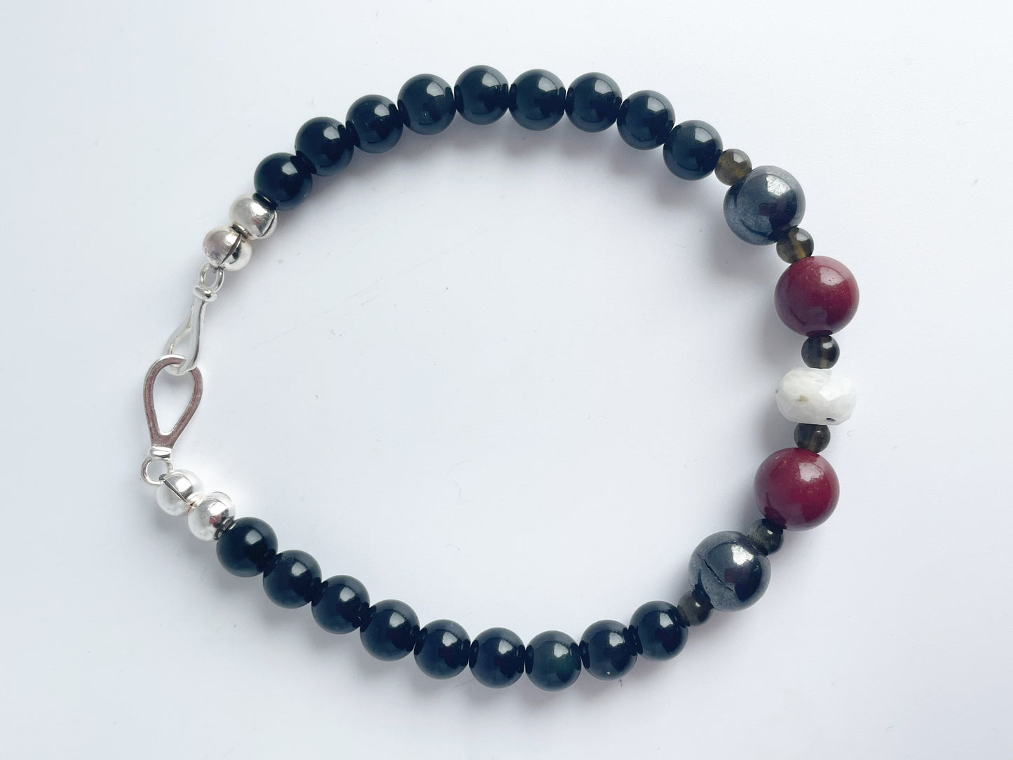 Gemstone Healing Bracelet with Sterling Silver Clasp. Faceted Moonstone, Gold Obsidian, Mookaite, Hematite