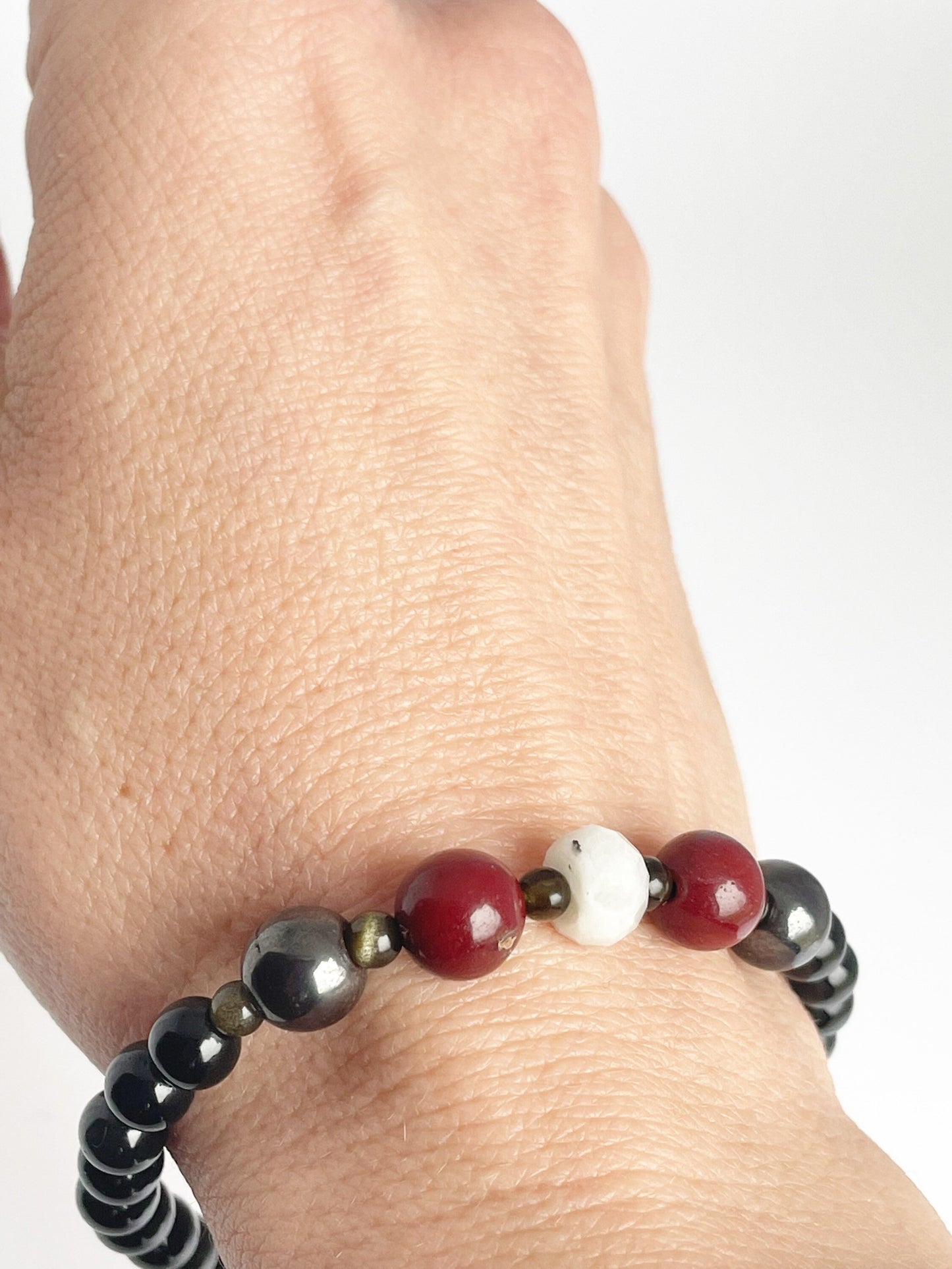 Gemstone Healing Bracelet with Sterling Silver Clasp. Faceted Moonstone, Gold Obsidian, Mookaite, Hematite