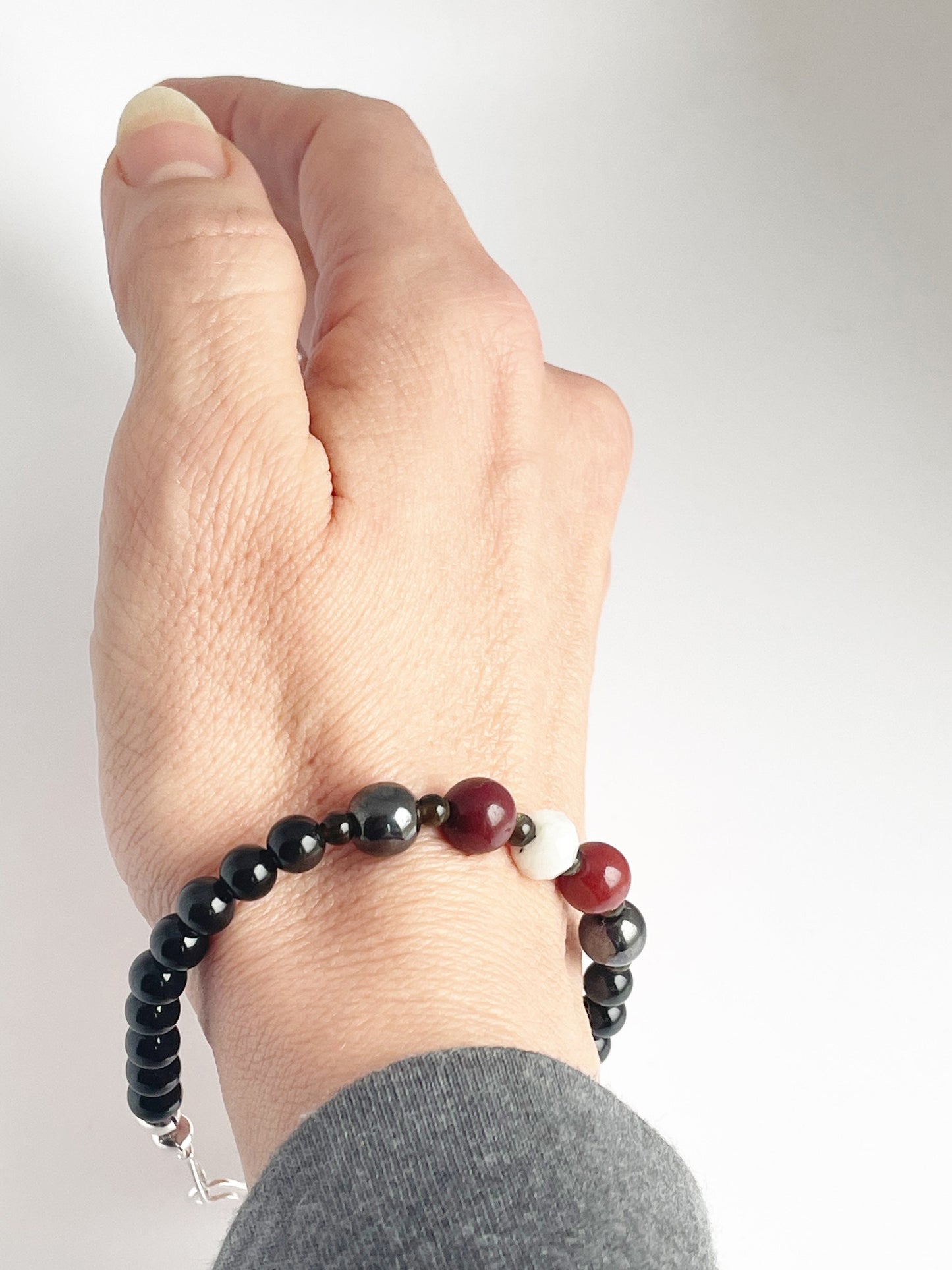 Gemstone Healing Bracelet with Sterling Silver Clasp. Faceted Moonstone, Gold Obsidian, Mookaite, Hematite