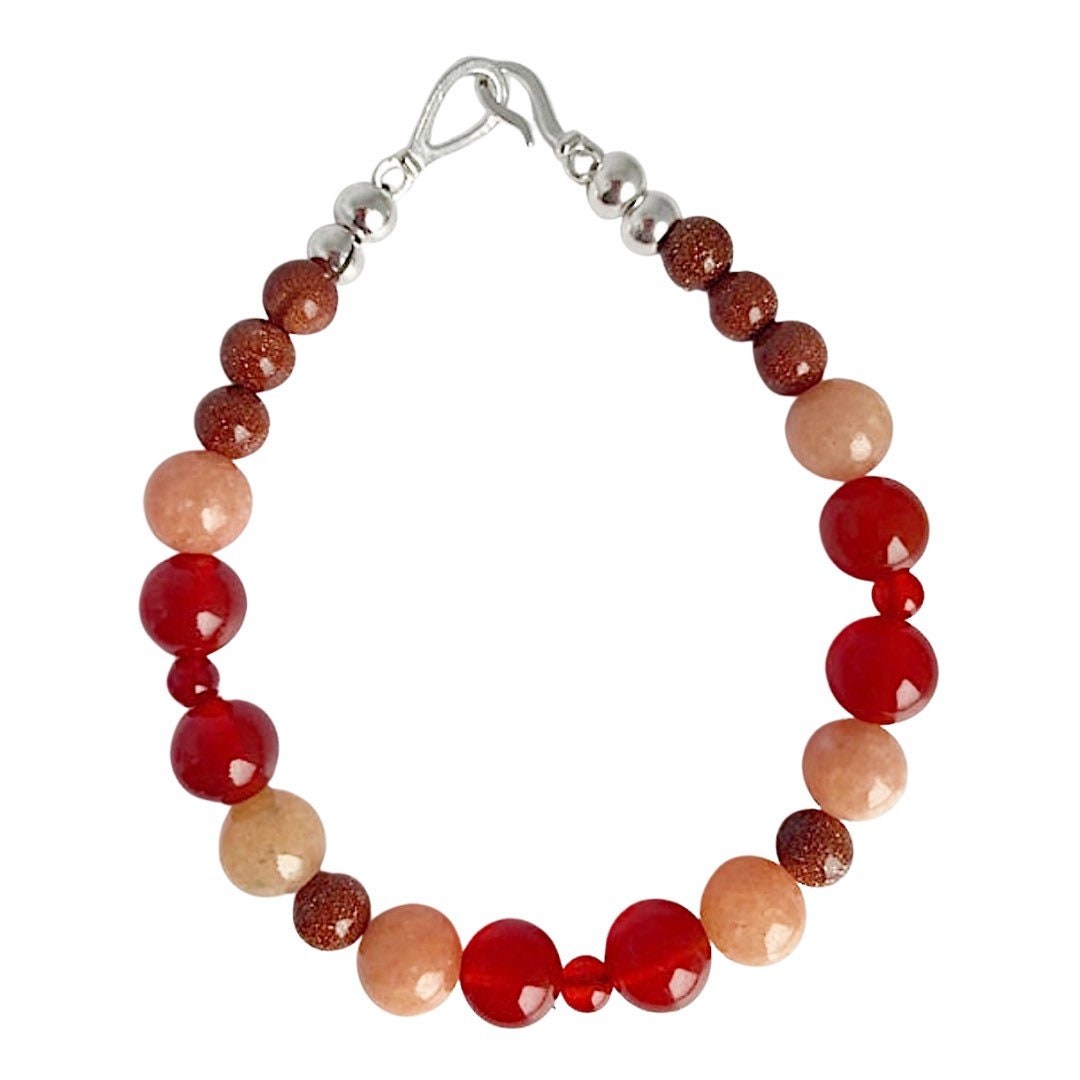 Carnelian, Peach Calcite and Goldstone Gemstone Crystal Breathbeads Bracelet with Sterling Silver