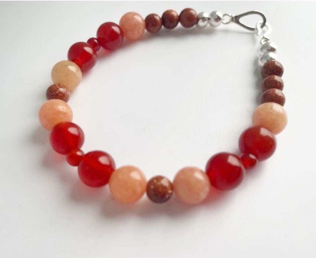 Carnelian, Peach Calcite and Goldstone Gemstone Crystal Breathbeads Bracelet with Sterling Silver